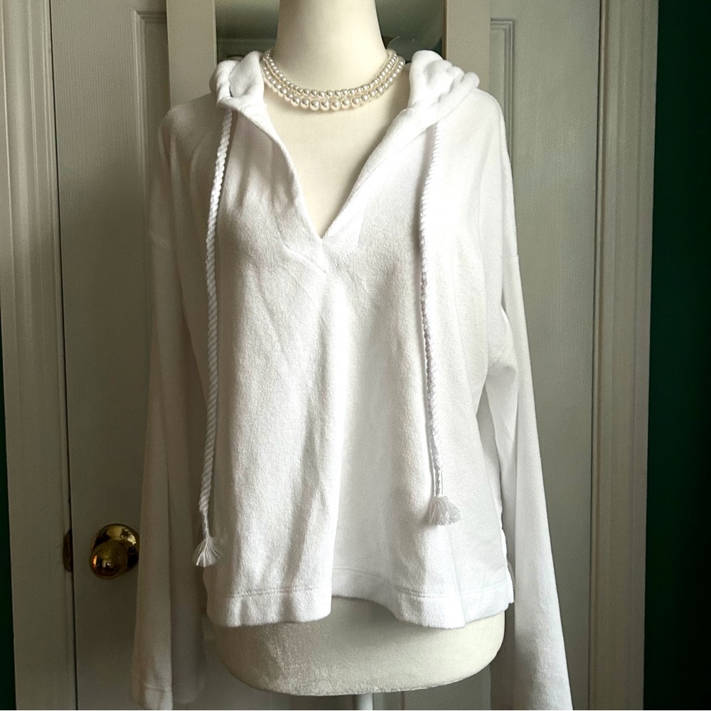 J. Crew Terry Towel V Neck White Loose Fit Beach Hoodie NWT XS